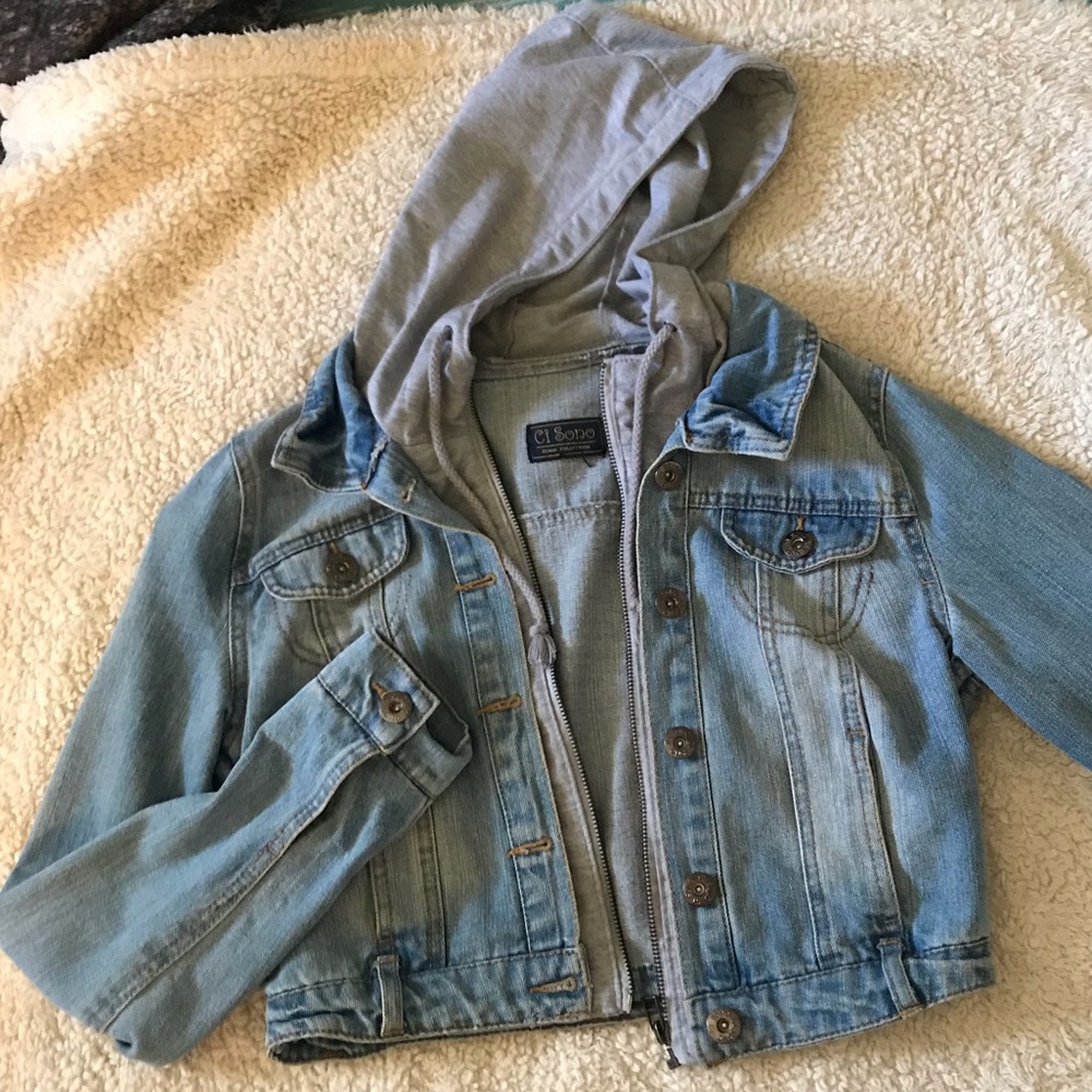 Ci Sono crop top jean jacket with hoodie